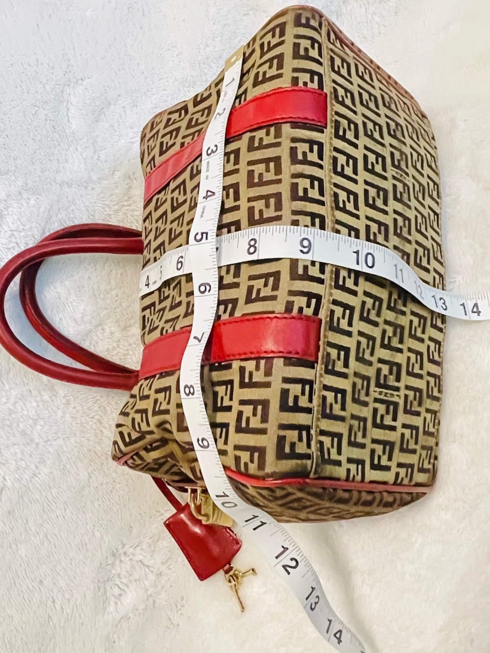 Fendi Authentic Brown Zucca Canvas Satchel with Red Leather Trim - Picture 10 of 15